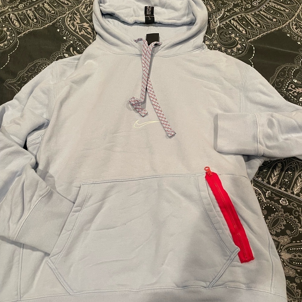 Nike Men's Light Blue Hoodie with Red Accent L